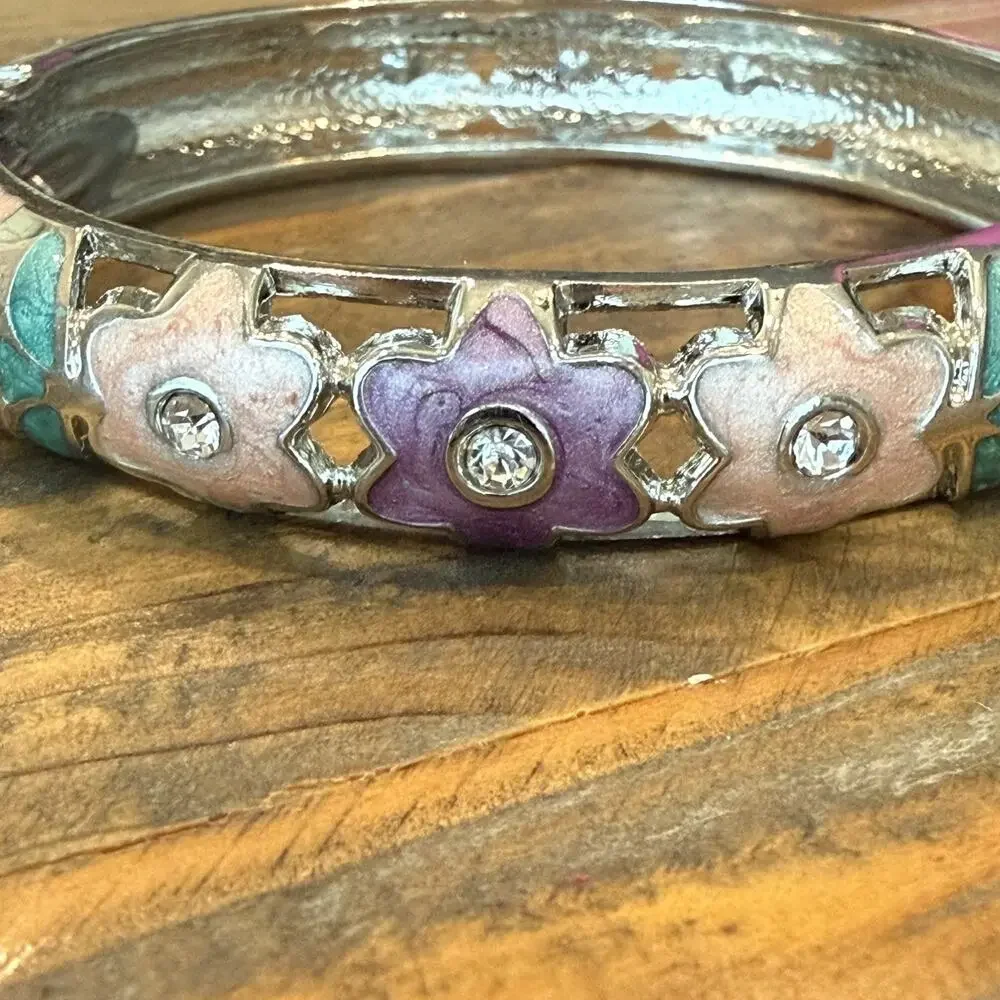 MultiColor Floral Enamel Bangle Bracelet Pearl Pink Purple